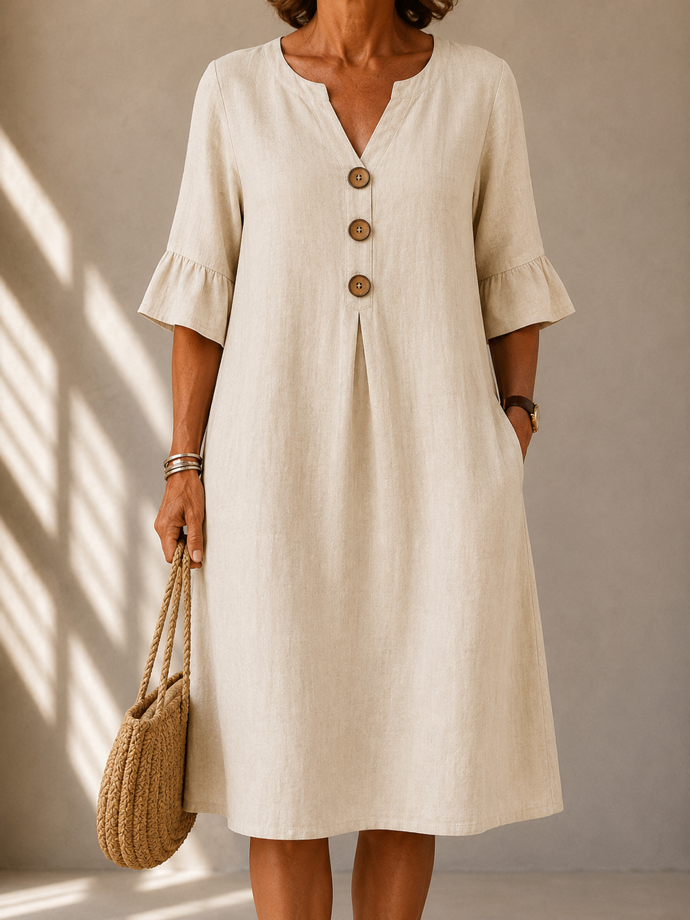 Charlotte buttoned gathered-front dress in beige, front view