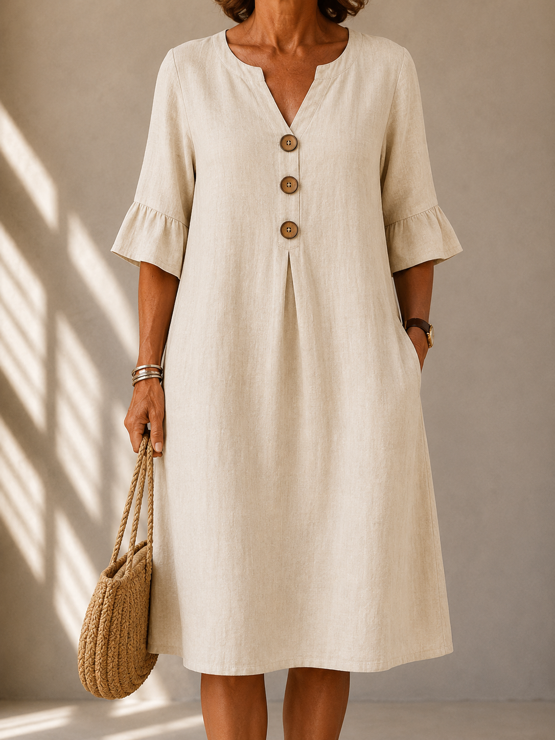 Charlotte buttoned gathered-front dress in beige, front view