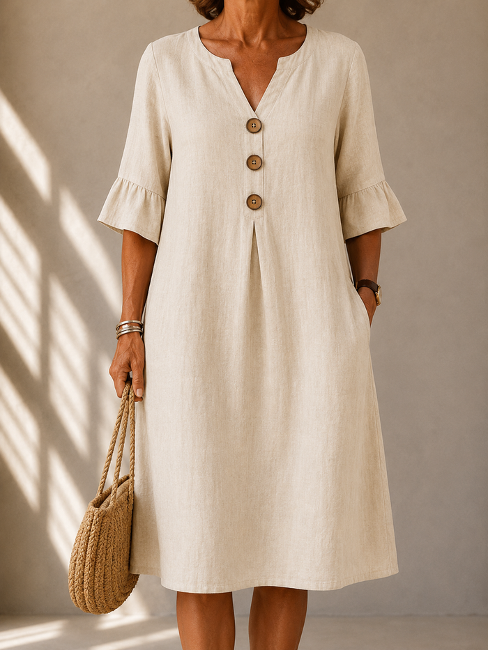 Charlotte buttoned gathered-front dress in beige, front view