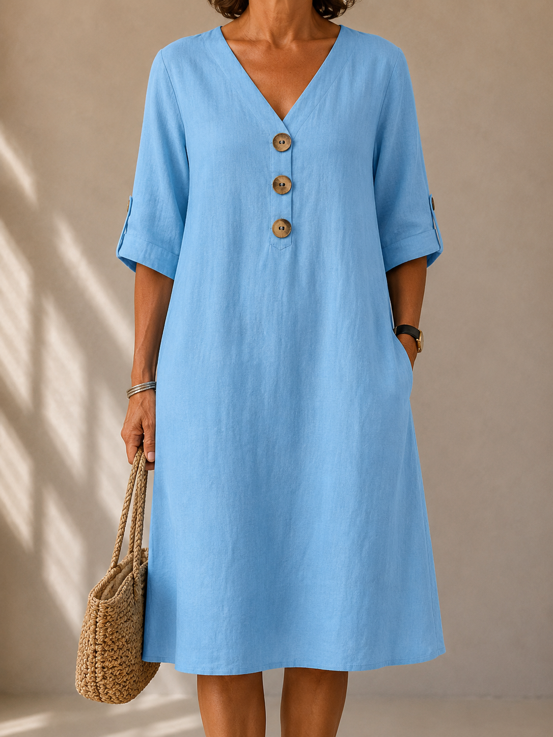 Marie buttoned adjustable-sleeve dress in sky blue, front view