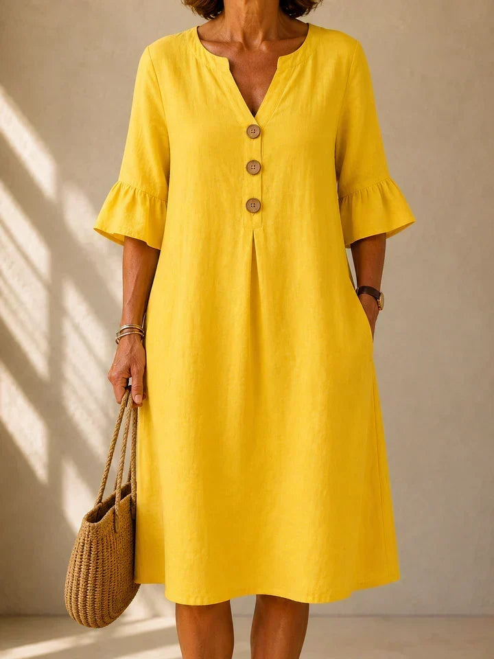 Charlotte buttoned gathered-front dress in yellow, front view