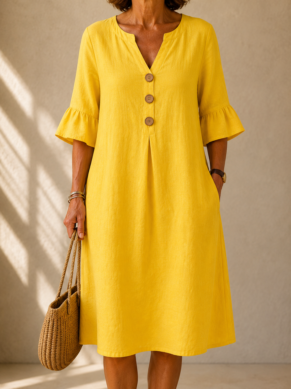 Aveline buttoned relaxed-fit dress in yellow, front view