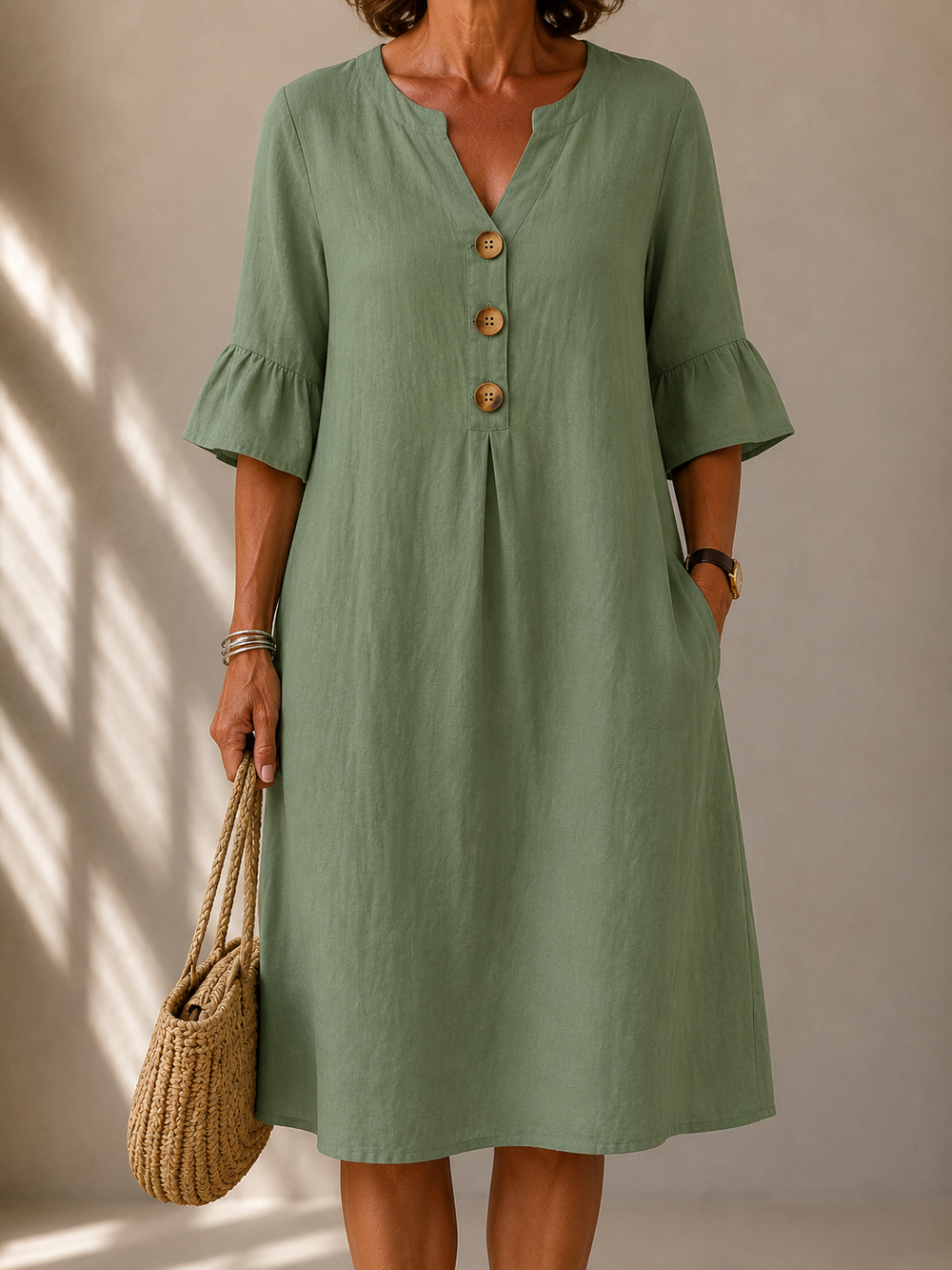 Véronique buttoned flared-sleeve dress in sage green, front view