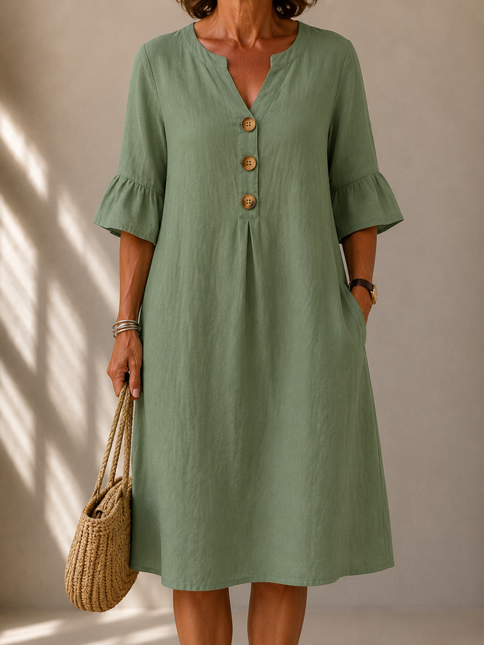 Véronique buttoned flared-sleeve dress in sage green, front view