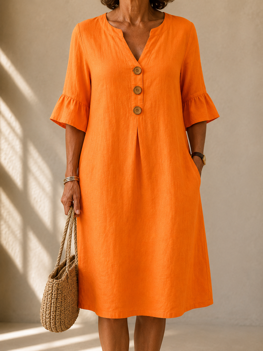 Mathilde buttoned V-neck dress in orange, front view