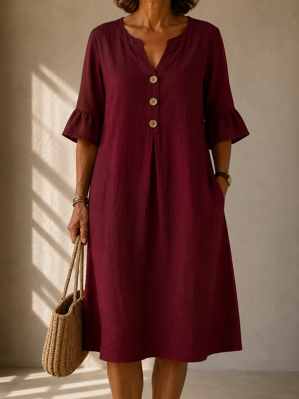 Brigitte buttoned ruffle-sleeve dress in burgundy, front view