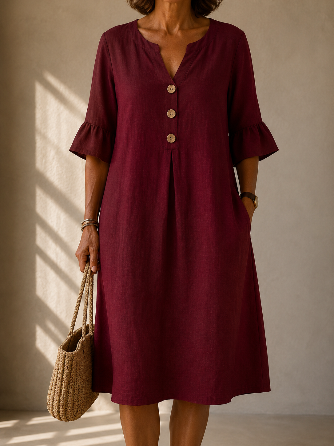 Brigitte buttoned ruffle-sleeve dress in burgundy, front view