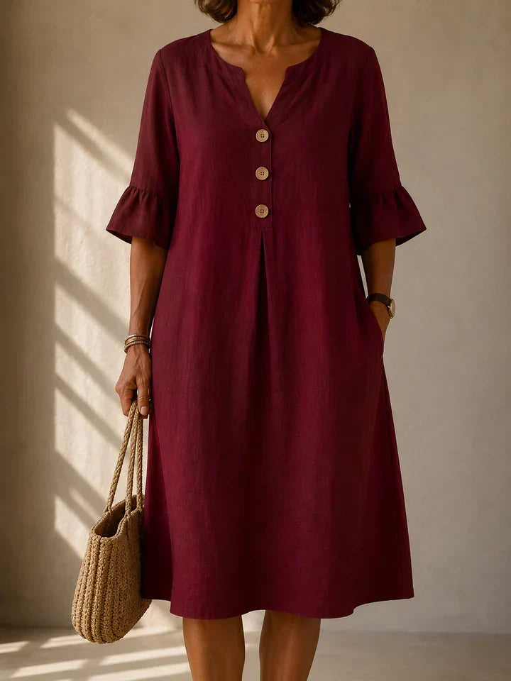 Charlotte buttoned gathered-front dress in burgundy, front view