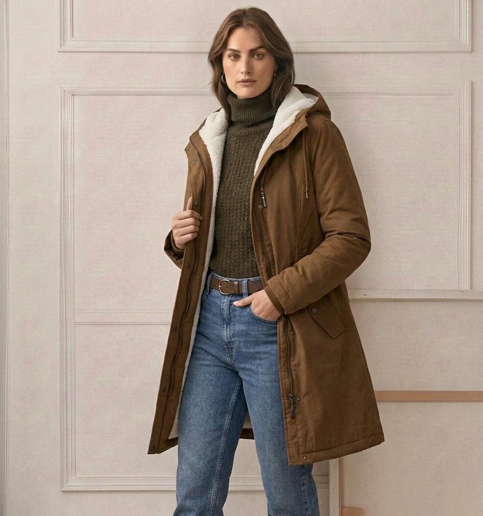 Marjorie hooded coat in khaki worn with jeans and a knit
