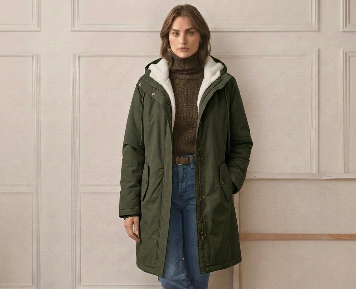 Marjorie hooded coat in forest green worn open over a knit