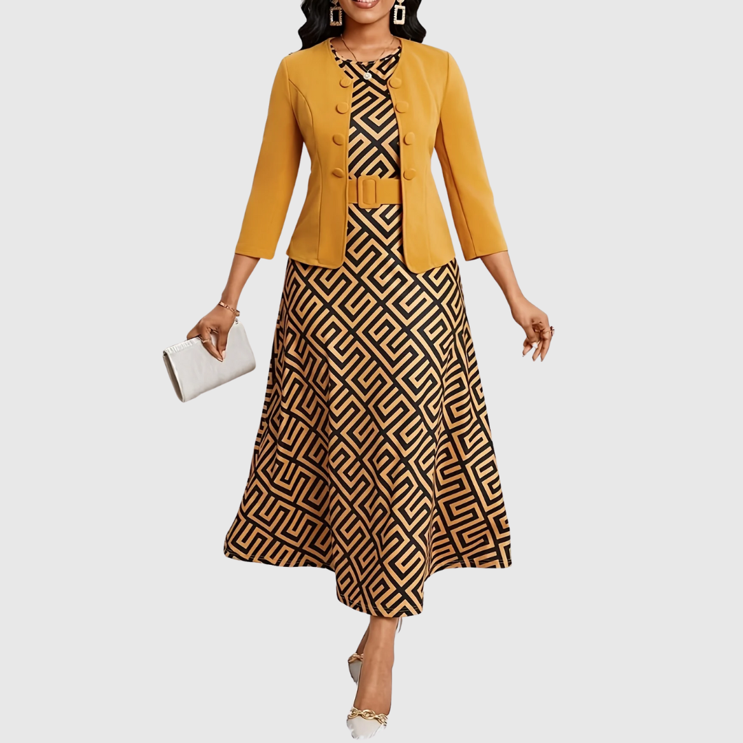 Amelie Lane printed two-piece set in mustard geometric print, full-length front view