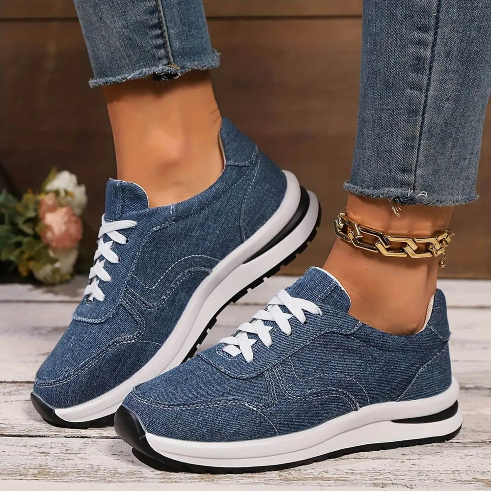 Rowena stability comfort shoes in blue, side view on model