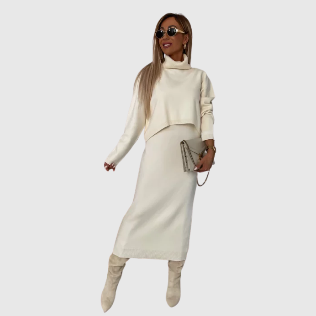 Anwen knit two-piece set in off white, full-length front view