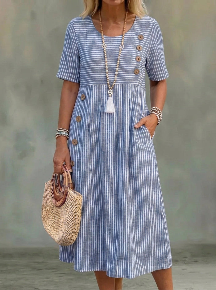 Siva striped midi dress in blue, front view with wooden buttons