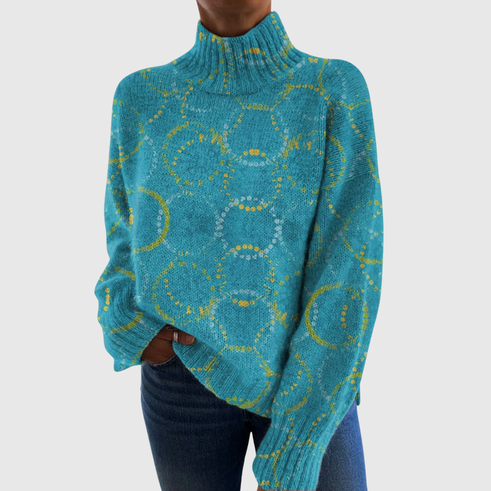 Cressida art print knit turtleneck sweater in turquoise, front view on model