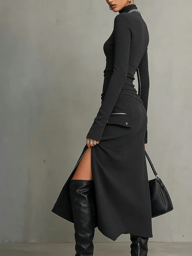 Elena zipper pocket set in dark grey, side view showing flap pocket