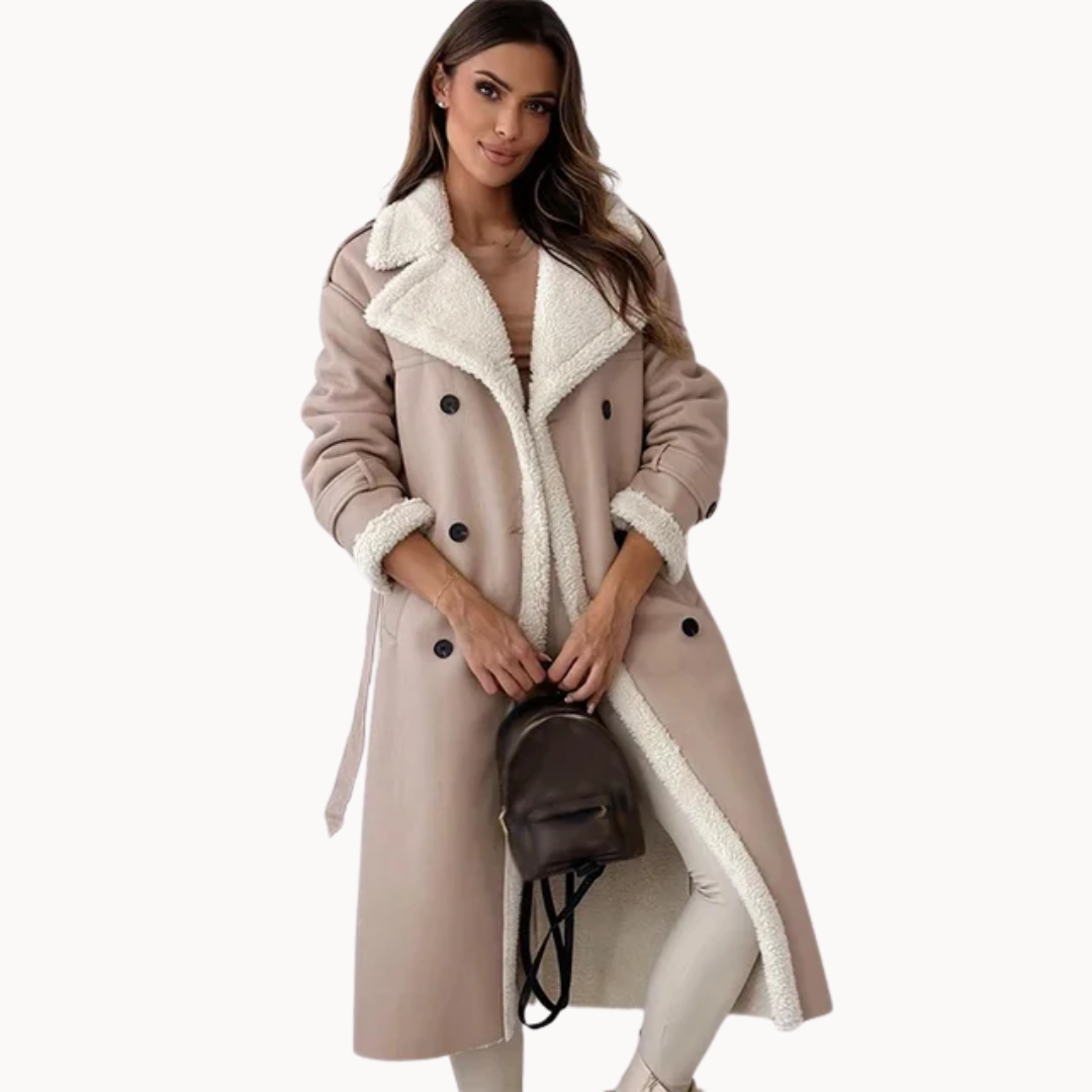 Thalissa long trench coat in apricot with cream sheepskin-style trims, front view