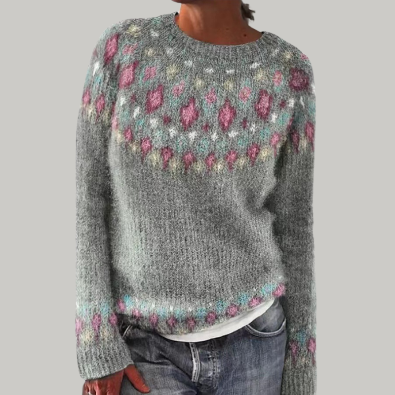 Jocelyn retro Scandinavian sweater in grey with pink and mint pattern, front view