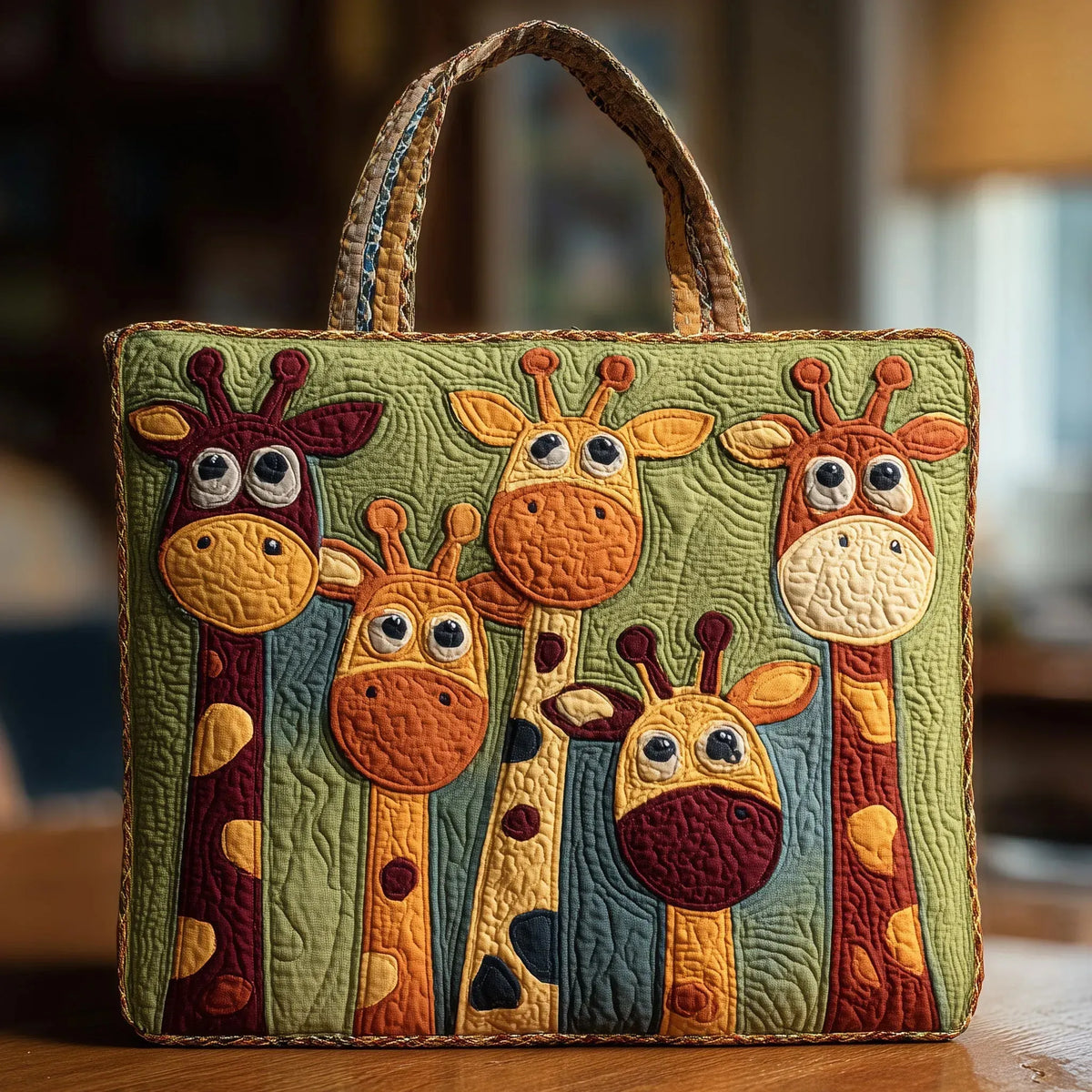 Handcrafted giraffe tote bag in green and rust, front view on a table