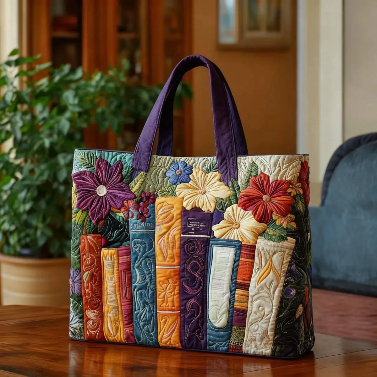 Handcrafted book lovers tote bag in multicolour with purple handles, front view