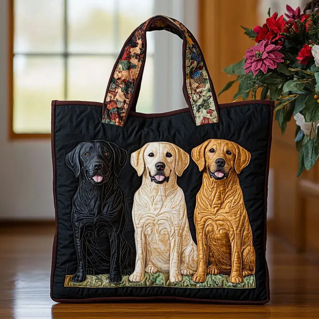 Handcrafted three Labradors tote bag in black, front view with floral handles