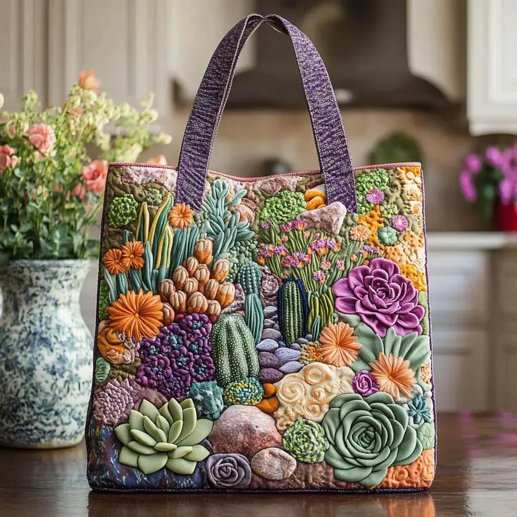 Handcrafted succulent garden tote bag with purple handles, front view on a table