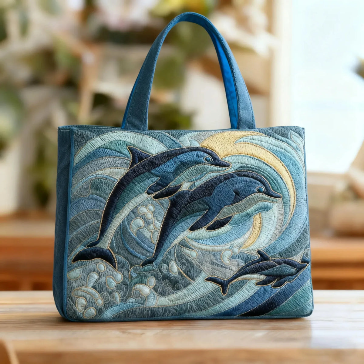 Handcrafted ocean dolphin quilted tote bag in blue, front view on a wooden table