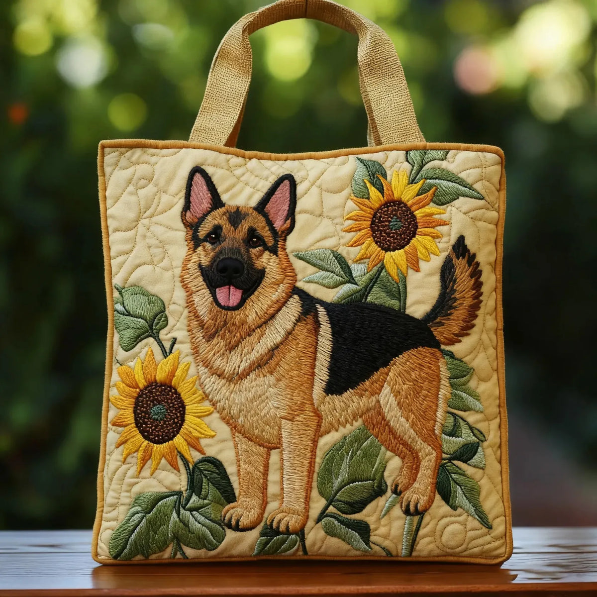 Handcrafted tote bag with German Shepherd and sunflower design, front view