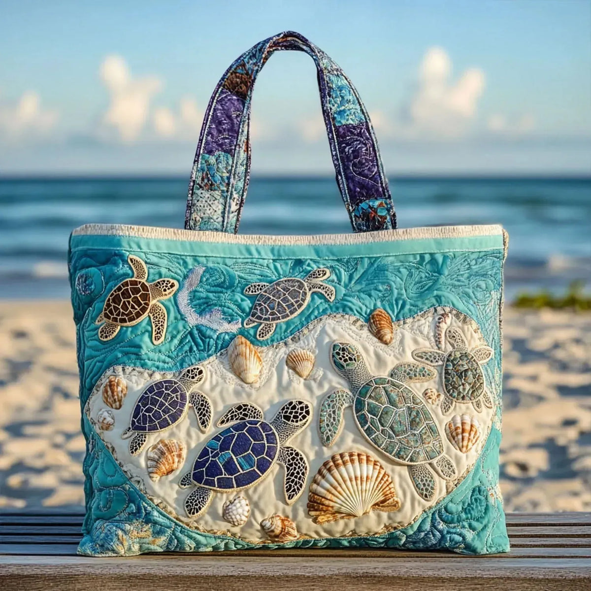 Handcrafted Turtle Love tote bag in turquoise and cream, front view with turtle design