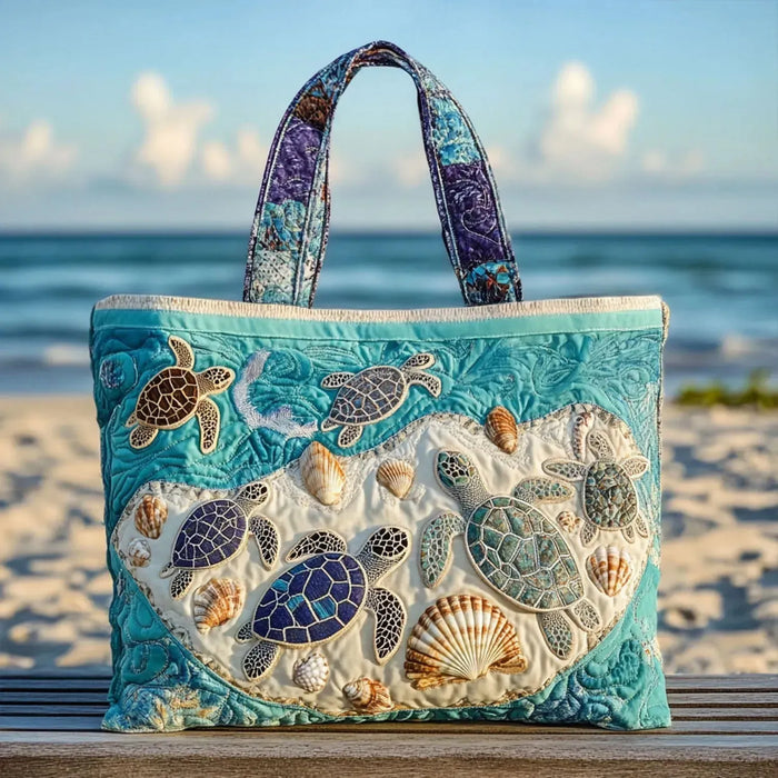 Handcrafted Turtle Love tote bag in turquoise and cream, front view with turtle design