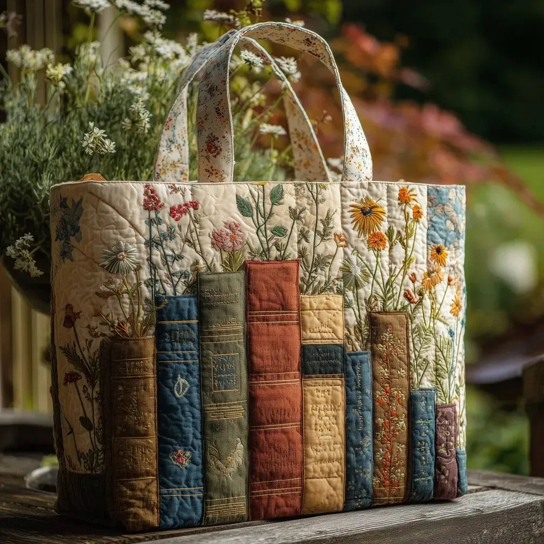 Handcrafted books and flowers tote bag in cream, front view on a garden bench