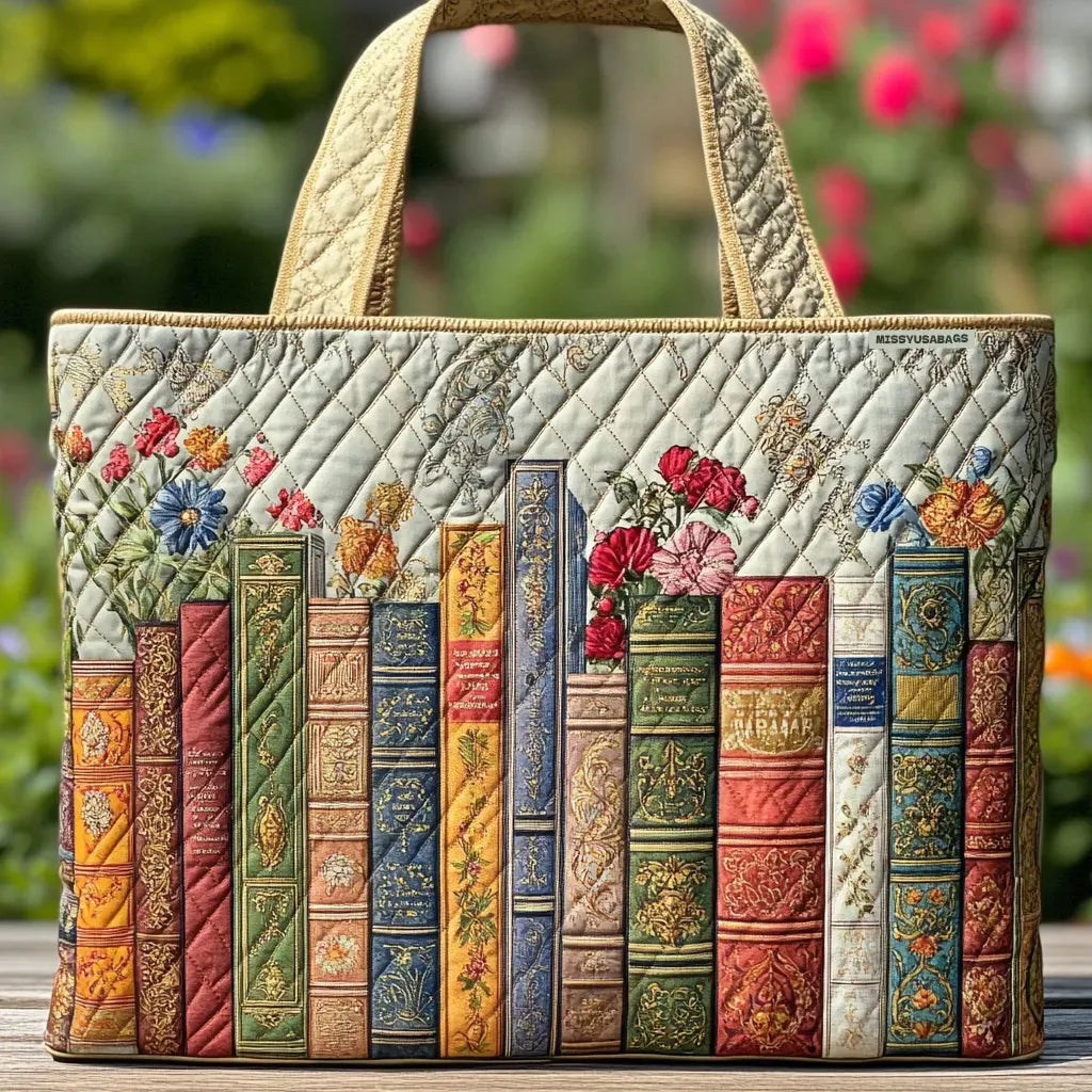 Enchanted Library tote bag with book spine and floral design, front view