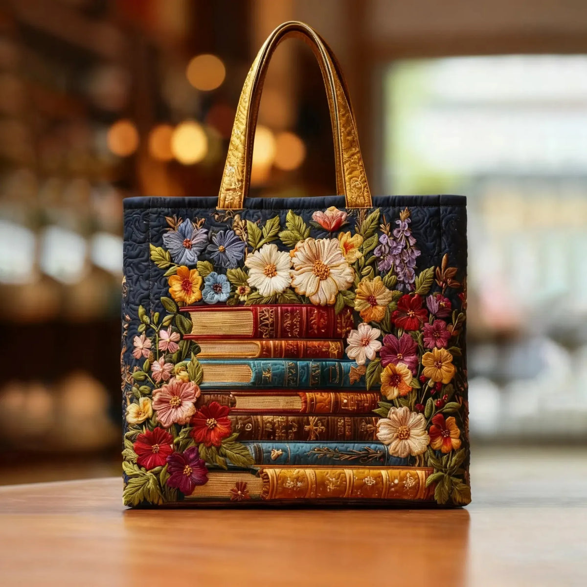Handcrafted tote bag in navy with books and floral print, front view