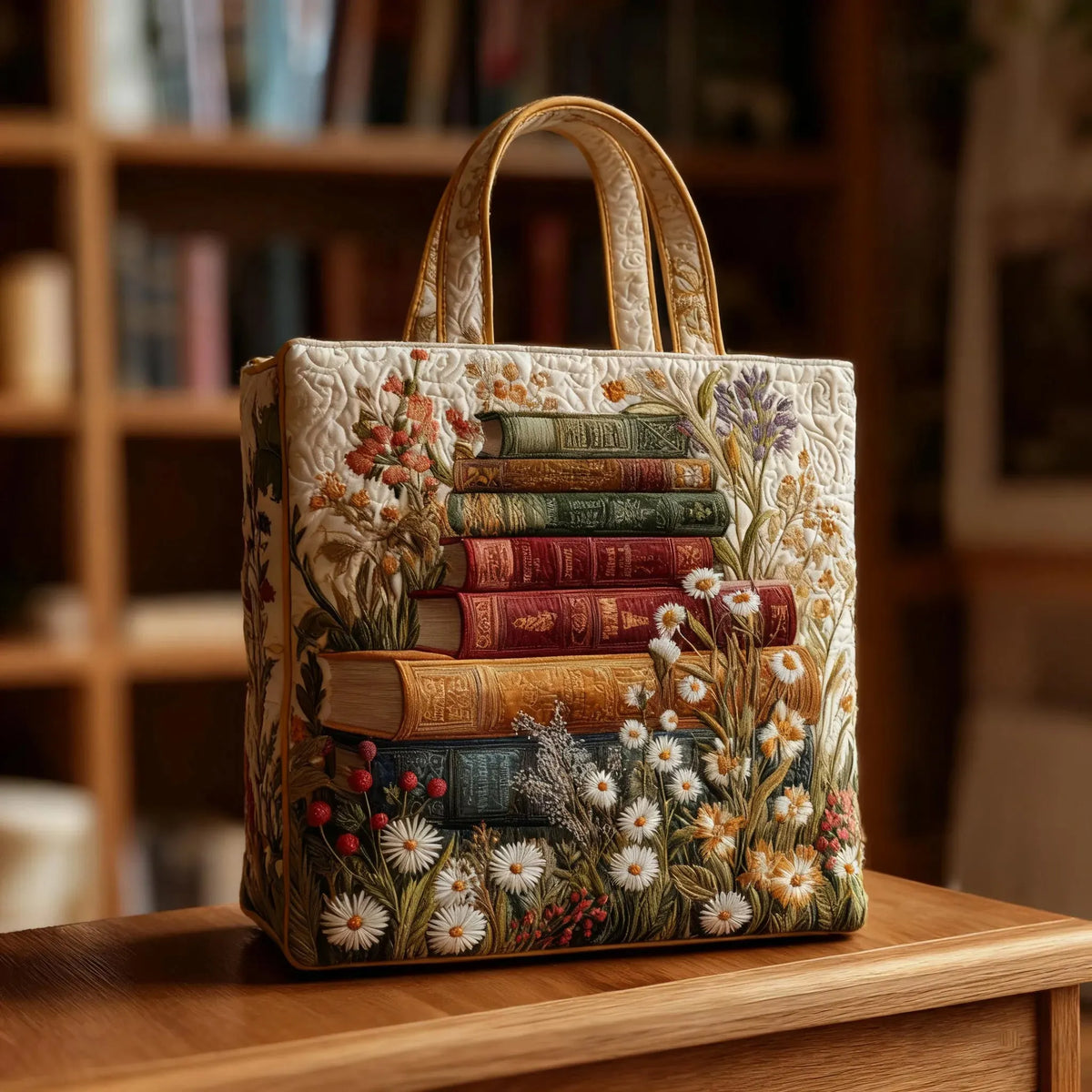 Handcrafted quilted tote bag with floral and stacked book design, front view on a table