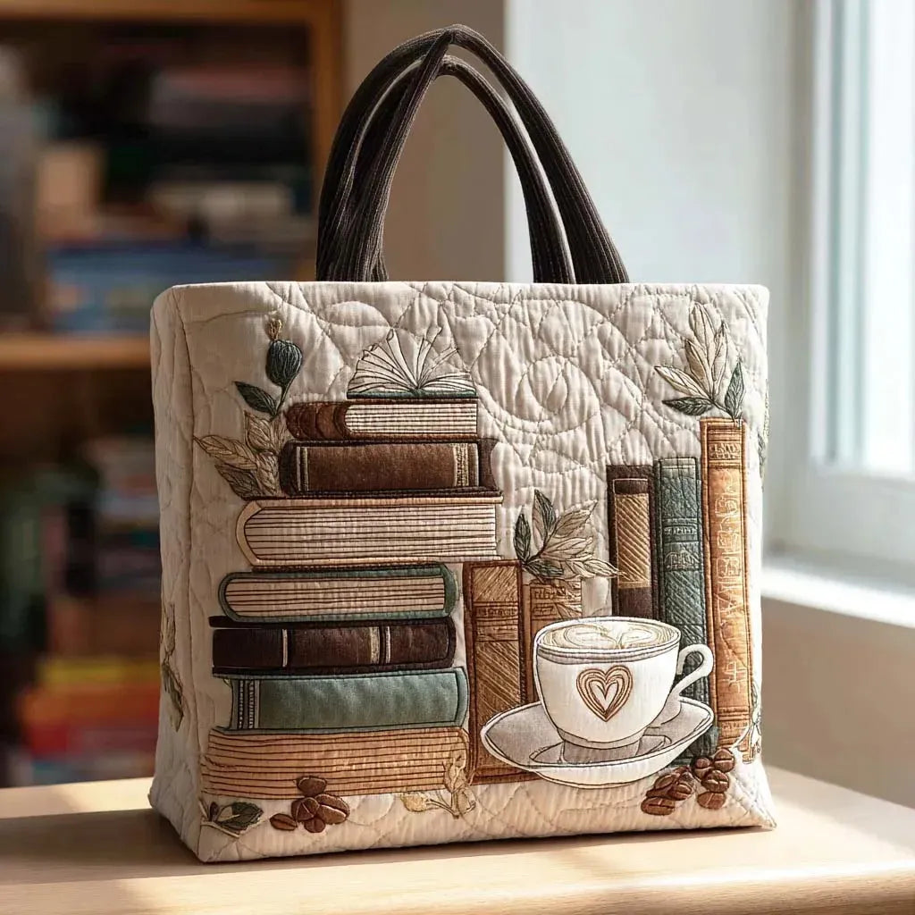 Handcrafted Coffee Chapter tote bag in cream, front view with books and coffee cup design
