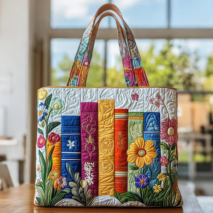 Handcrafted Floral Library tote bag in multicolour on cream, front view on a table