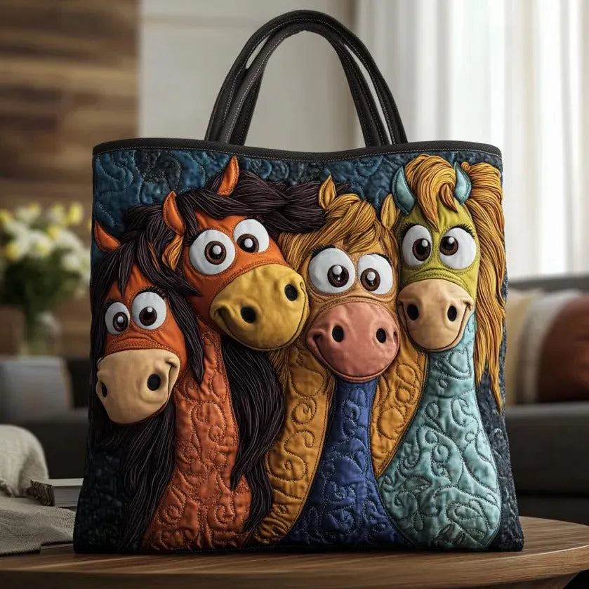 Handcrafted playful ponies quilted tote bag in teal multicolour, front view