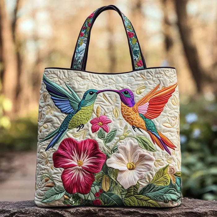 Handcrafted hummingbird tote bag in cream, front view with pink and white flowers