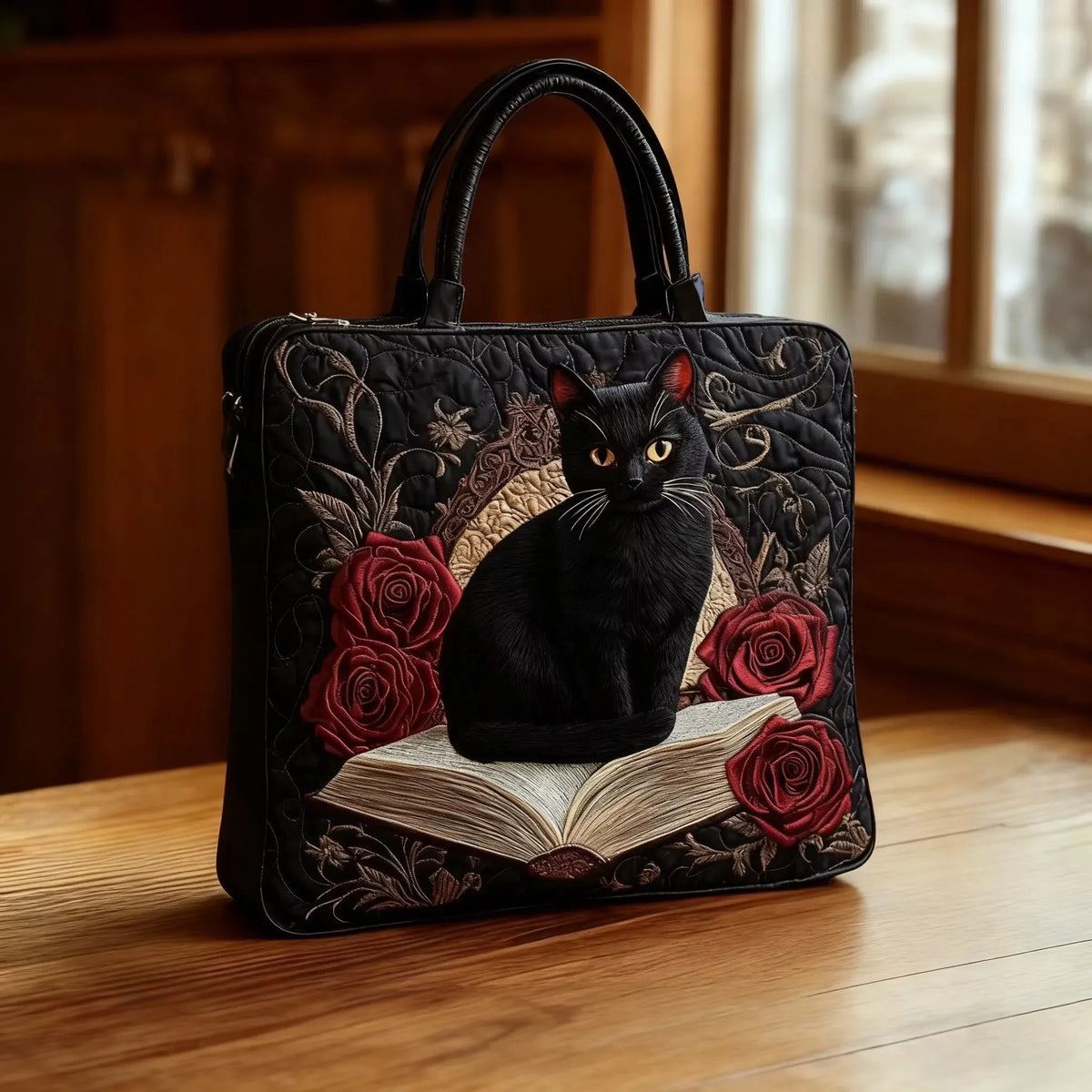 Handcrafted quilted bag with black cat on books design, front view on wooden table