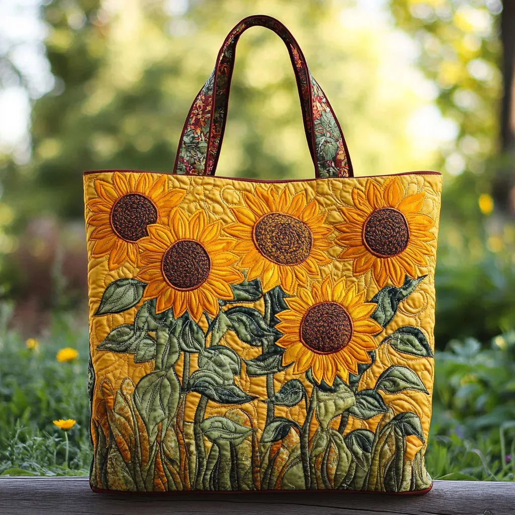Handcrafted sunflower tote bag in yellow, front view with floral handles