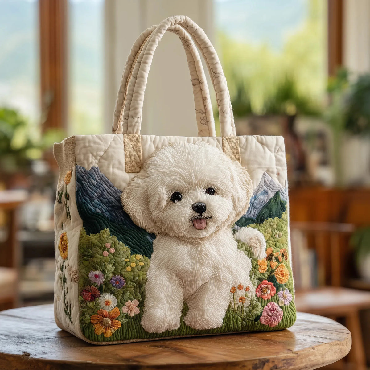 Handcrafted enchanted dog tote bag in cream, front view on a wooden table