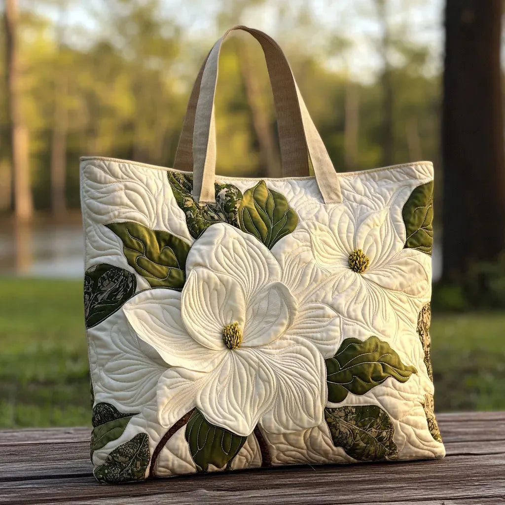 Handcrafted white lily tote bag in cream, front view on a wooden table