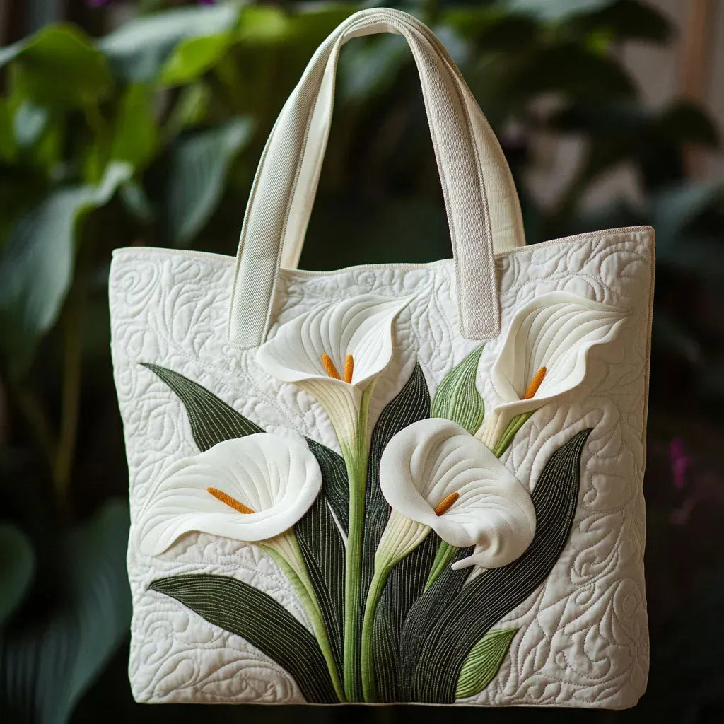 Handcrafted tote bag in cream with white arum lilies, front view