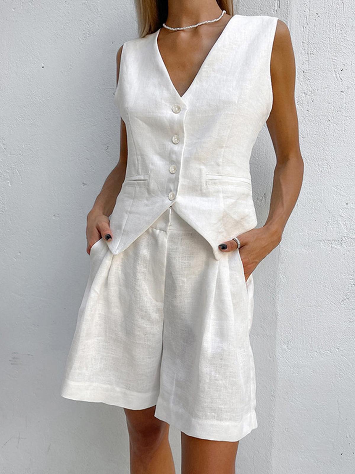 Sophia two piece shorts set in off-white, front view with hands in pockets