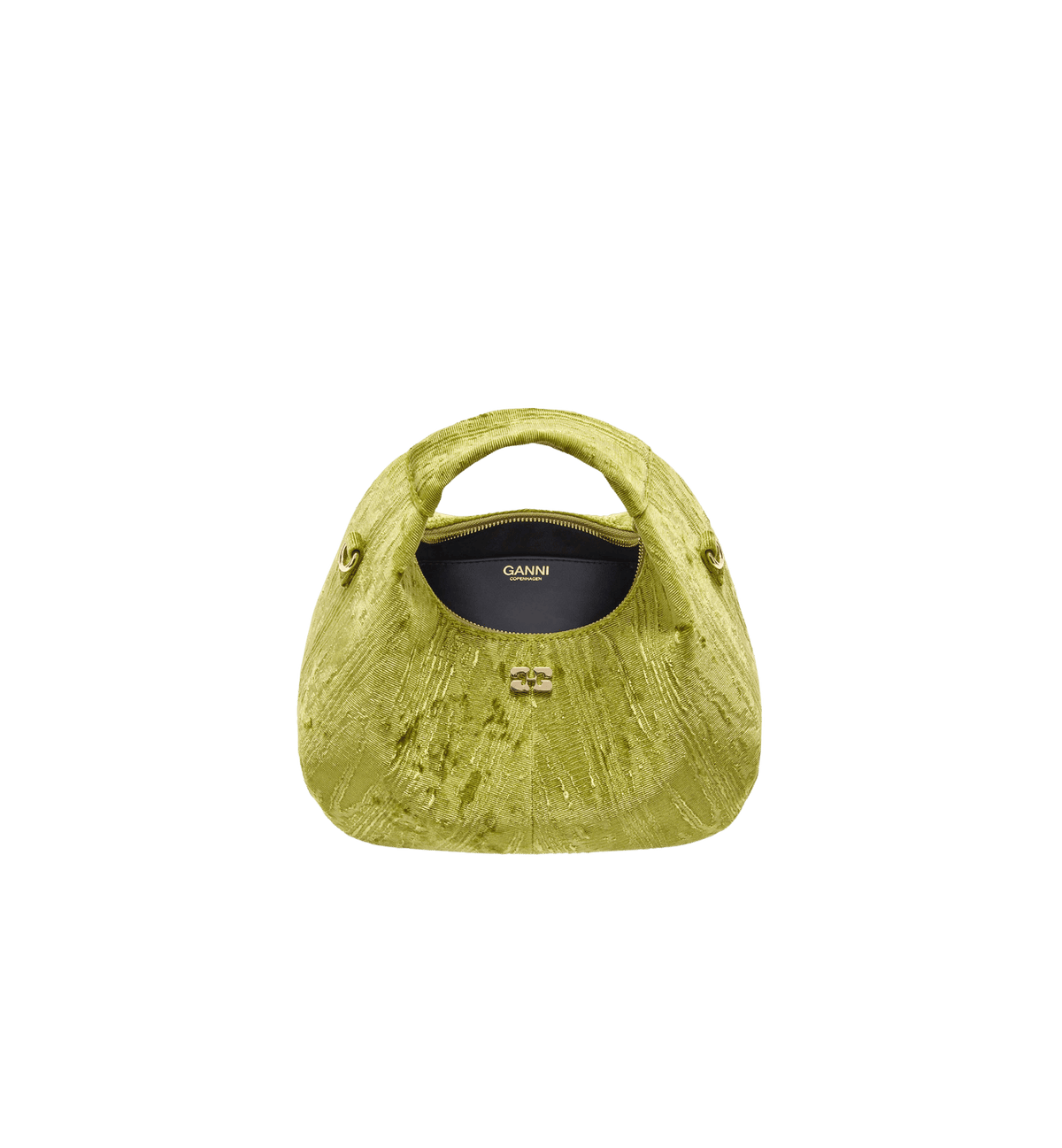 Roma Luxe green mini shoulder bag open, showing dark lined interior