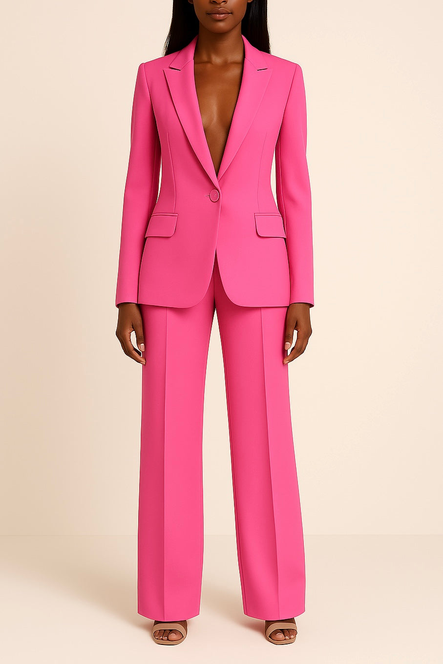 Zoe tailored suit set in pink, front view with single-button blazer