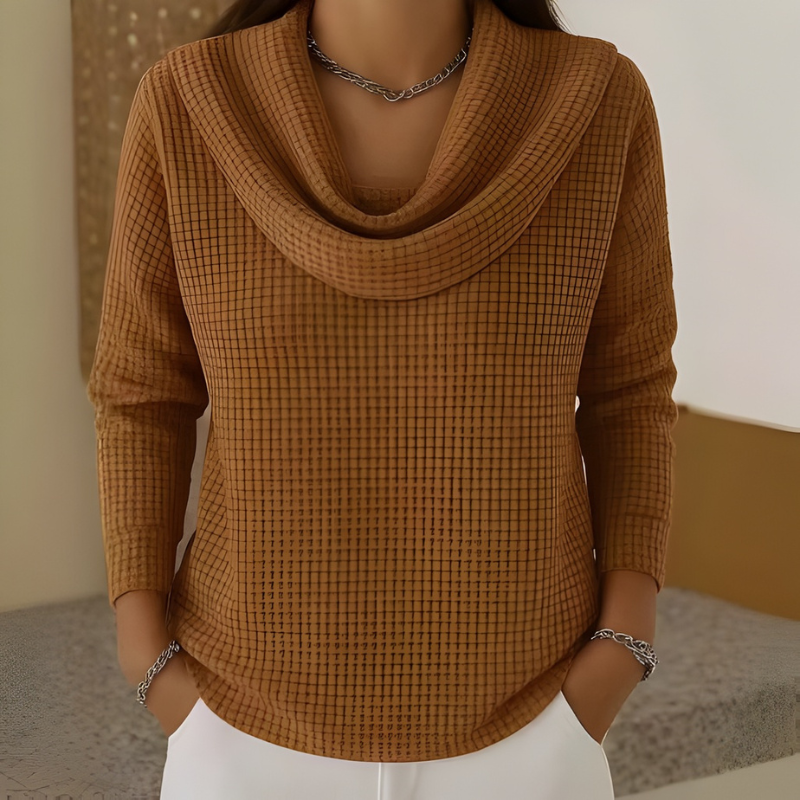 Amber Frost waffle-knit cowl neck sweater in caramel, front view