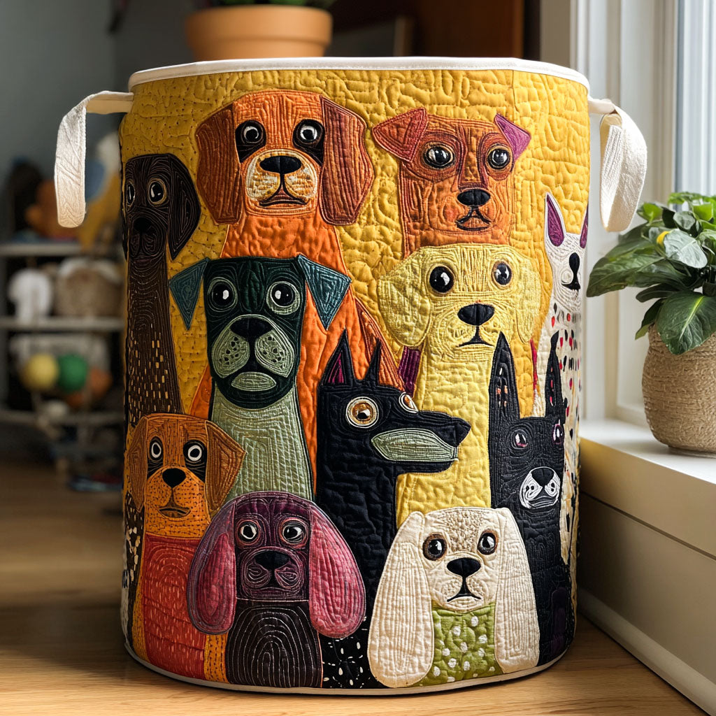 Emilia hand-quilted laundry basket with colourful little dogs on a yellow background