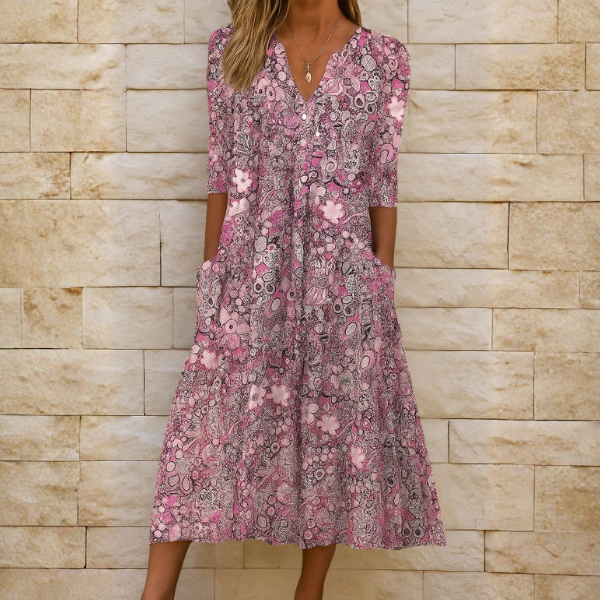 Constance V-neck printed midi dress in pink, front view