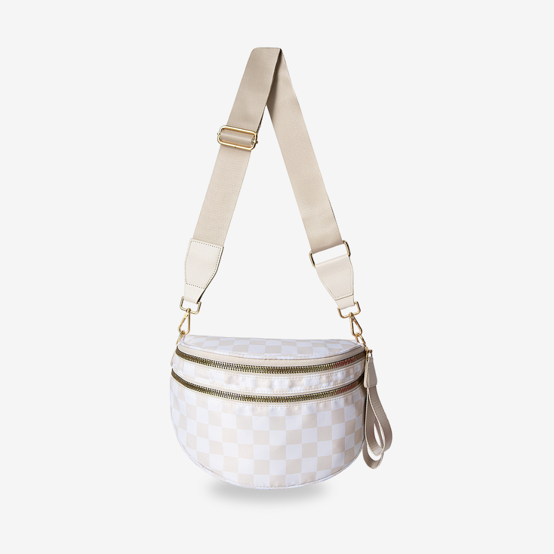 Dionne crossbody bag in beige checkered print, front view with strap